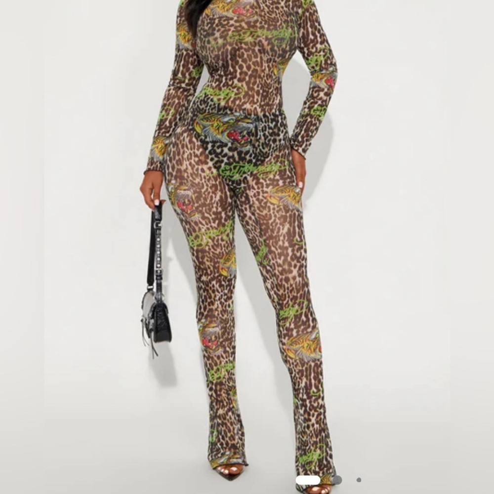 Sheer Leopard Print High-Waist Mesh Pants - Brown Multi